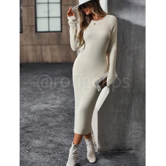 Knit Dress Long Sleeve Open Back Twisted Detail Midi Length Slim - Picture 7 of 8